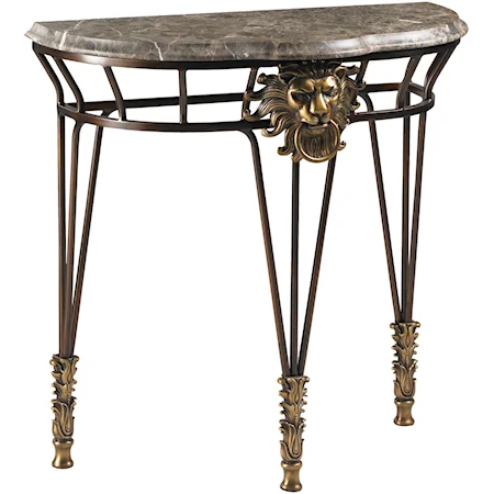 Simba's Pride Metal Demilune Console Table with a Dramatic Solid Brass Lion-and-Ring Casting